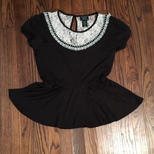 MIDNIGHT HOUR Peplum Top with Lace Neckline